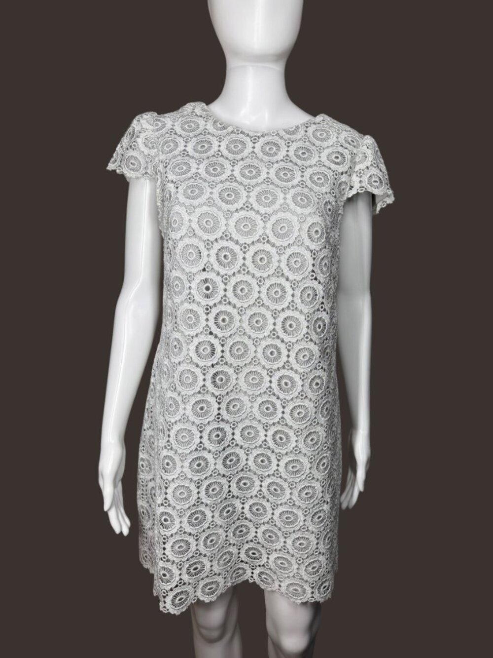 Suzi Chin for Maggy Boutique Vintage Silver Lace Cap Sleeve Dress Size Medium
